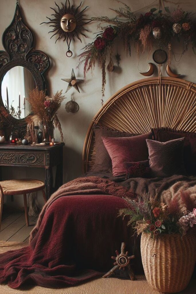 Dark Academia Bedroom Textiles - maroon velvet bedding