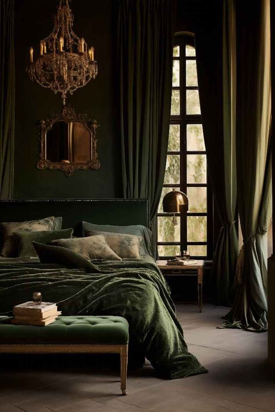 Dark Academia Bedroom Textiles - bold emerald curtains