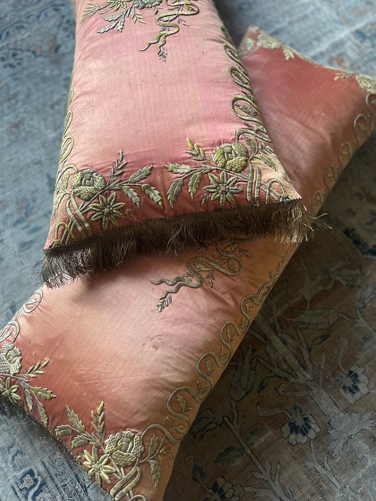 Dark Academia Bedroom Textiles - dusty pink pillow cases embroidered with rich gold floral filagree 