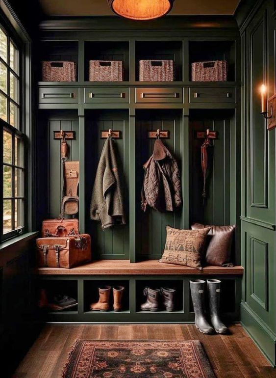 Dark Academia Bedroom Textiles - green entryway with a persian rug